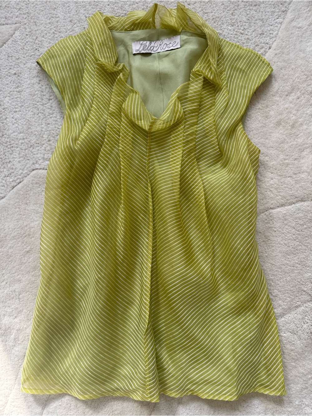 Lela Rose Lime Green Diagonal-Striped Ruffle Neck Camisole